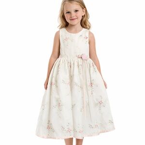 US Angels • Girls Ivory Floral Embroidered Party Dress w/ Pink Satin Bow